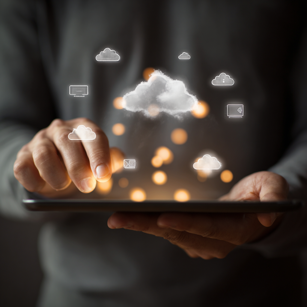 ruka drží tablet a pracuje s cloudovym uložiskom